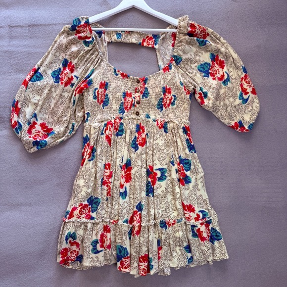 Free People Floral Boho Smocked Mini Dress Balloon Sleeve Size L Whimsical Retro - Picture 3 of 13
